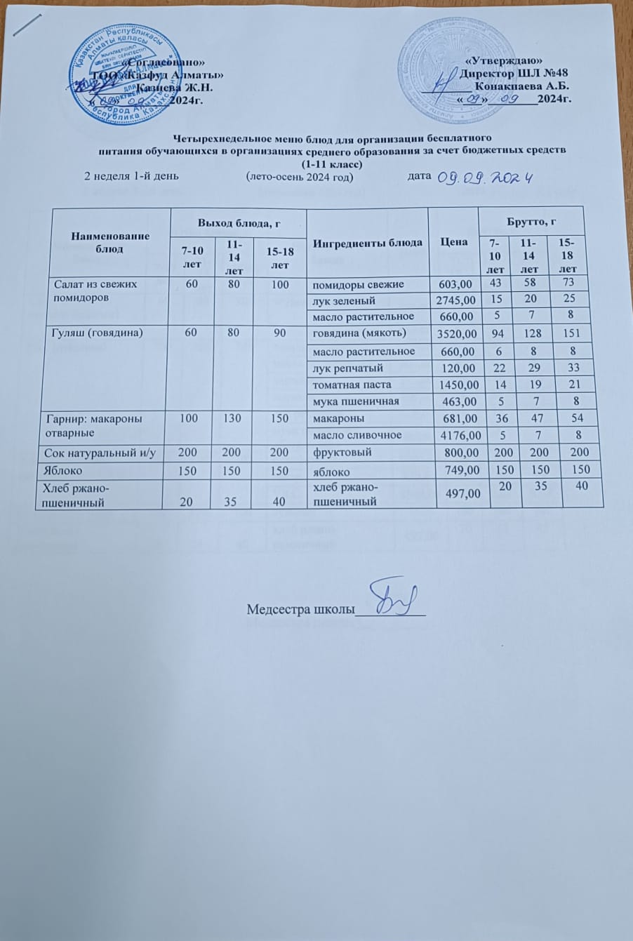 Меню на понедельник (2 неделя 2024-2025 уч. года)