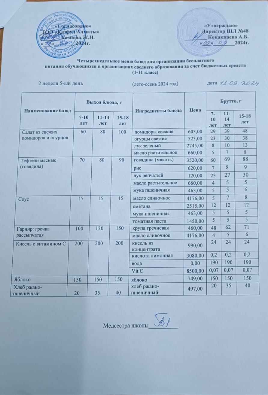 Меню на пятницу (2 неделя 2024-2025 уч. года)