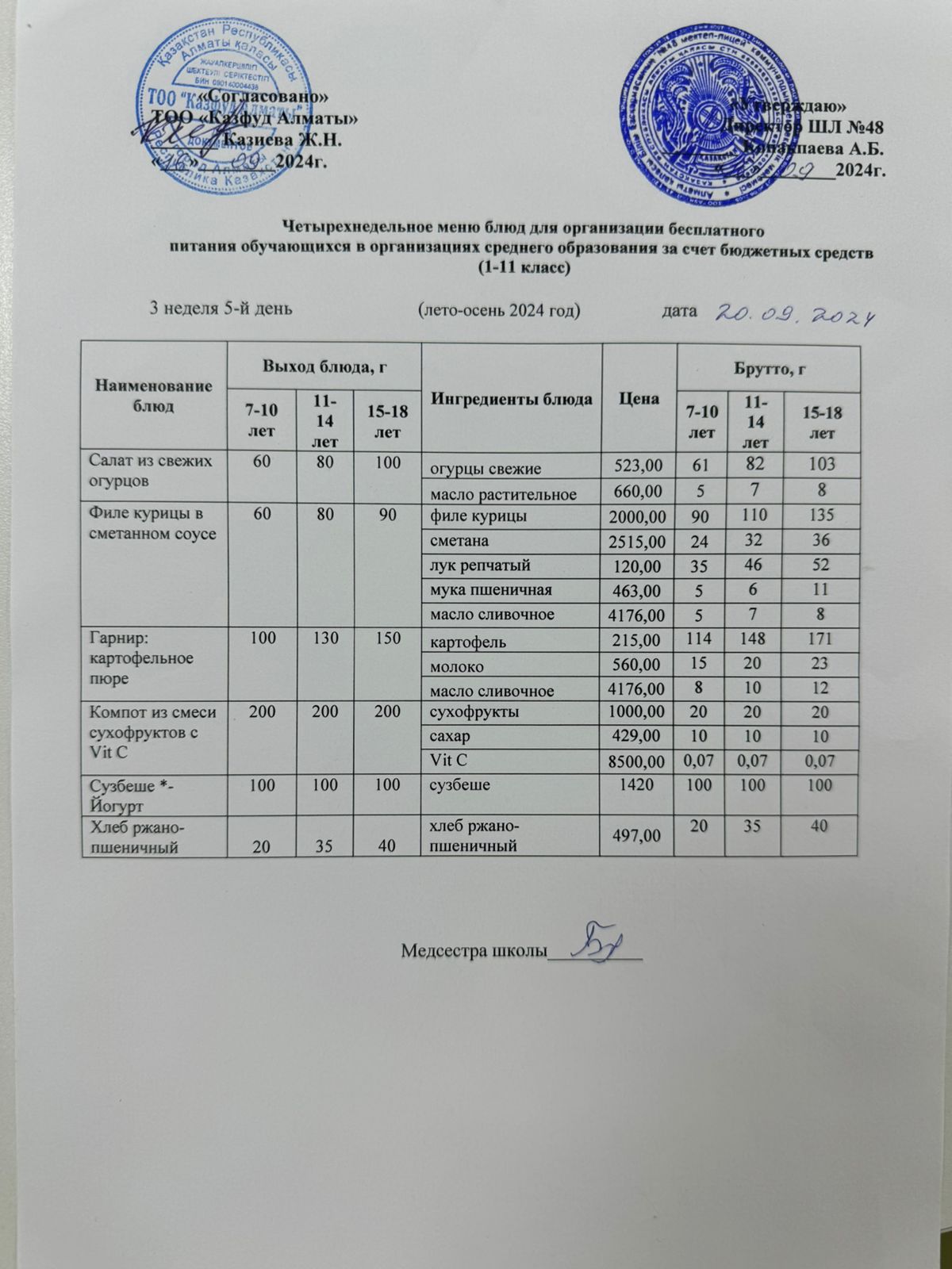 Меню на пятницу (3 неделя 2024-2025 уч. года)