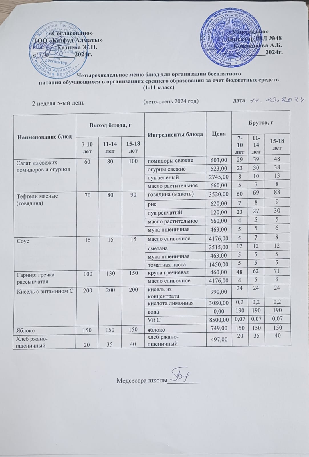 Меню на пятницу (2 неделя 2024-2025 уч. года)