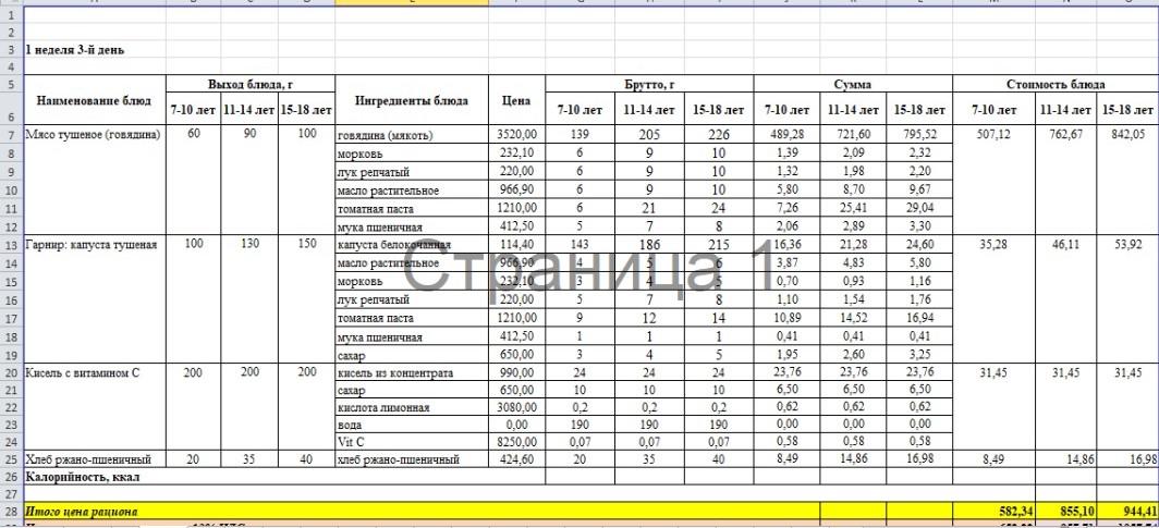 Меню на среду (1 неделя 2022-2023 уч. года) Осень
