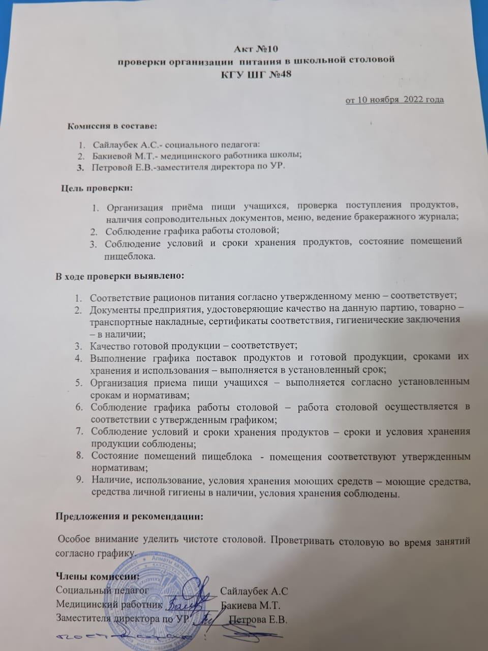 АКТ проверки организации питания в школьной столовой