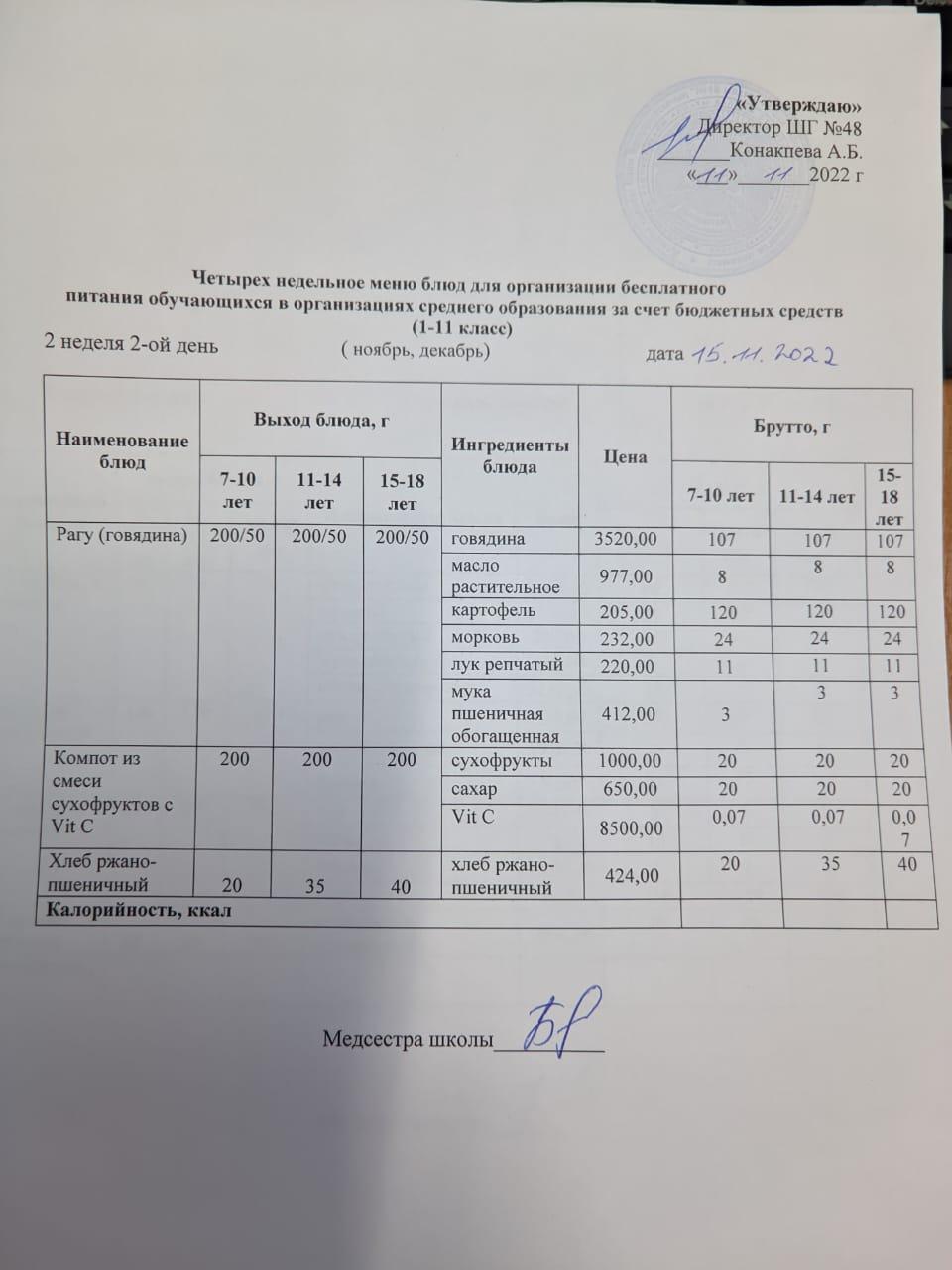 Меню на вторник (2 неделя 2022-2023 уч.года) Осень