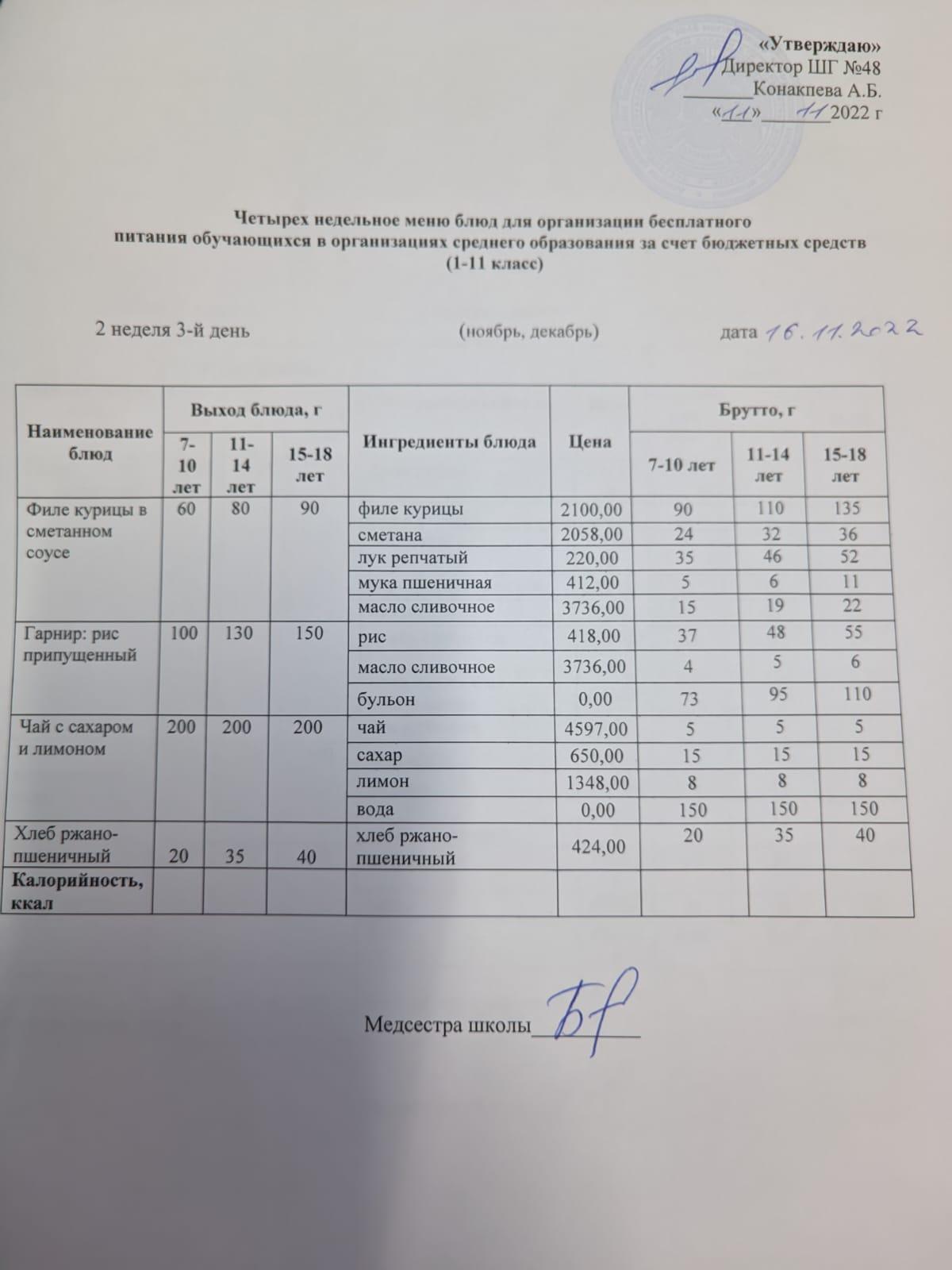 Меню на среду (2 неделя 2022-2023 уч.года) Осень