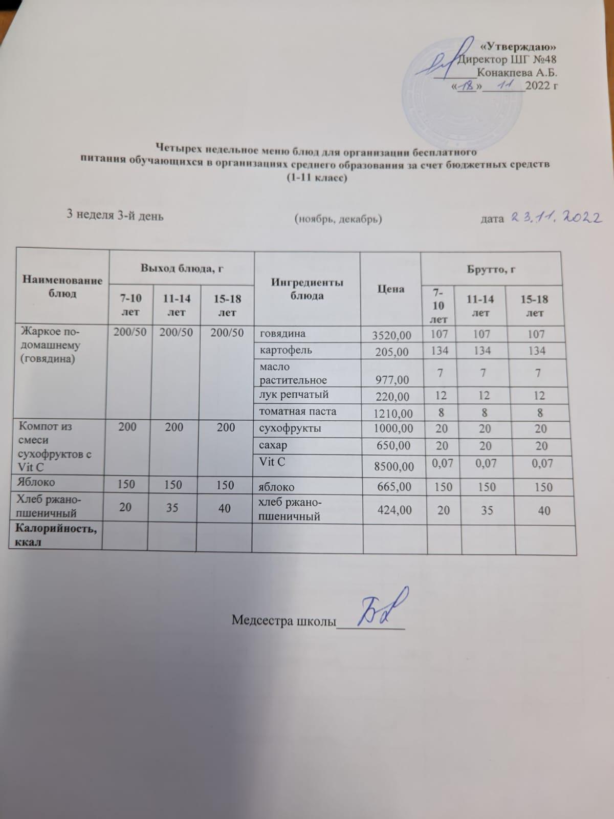 Меню на среду (3 неделя 2022-2023 уч.года) Осень