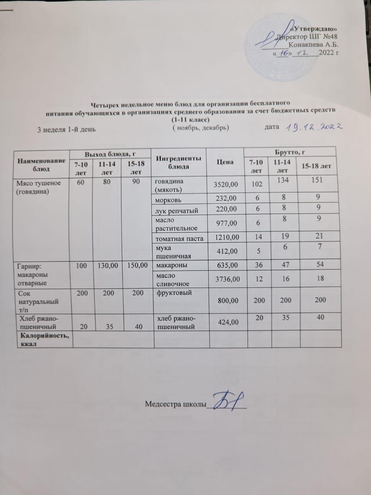 Меню на понедельник (3 неделя 2022-2023 уч.года)