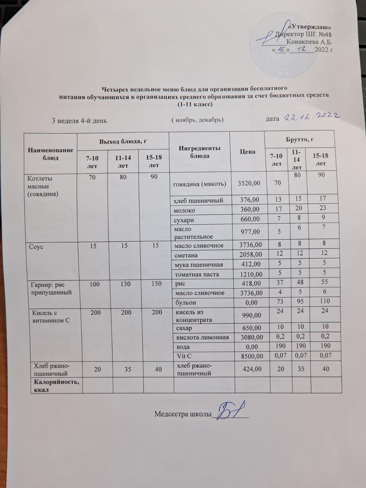 Меню на четверг (3 неделя 2022-2023 уч. года)