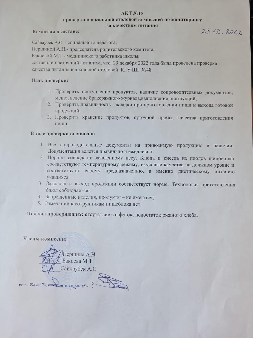 АКТ проверки организации питания в школьной столовой