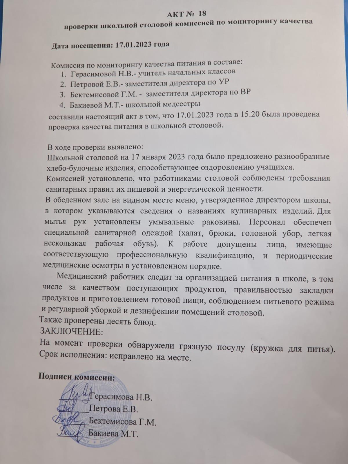 АКТ проверки организации питания в школьной столовой