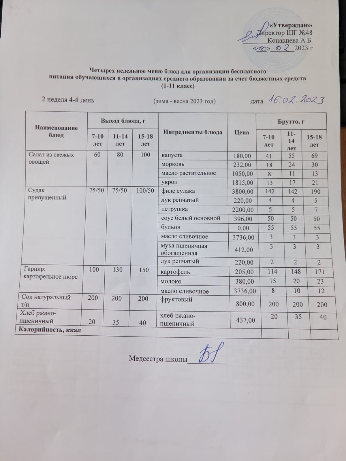 Меню на четверг (2 неделя 2022-2023 уч. года)