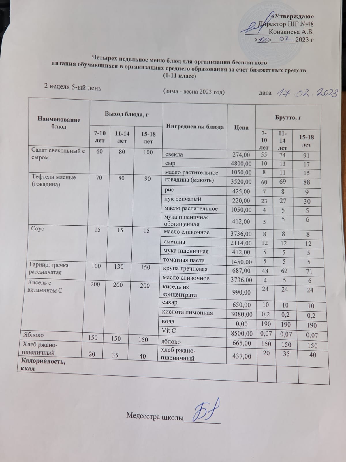 Меню на пятницу (2 неделя 2022-2023 уч. года)