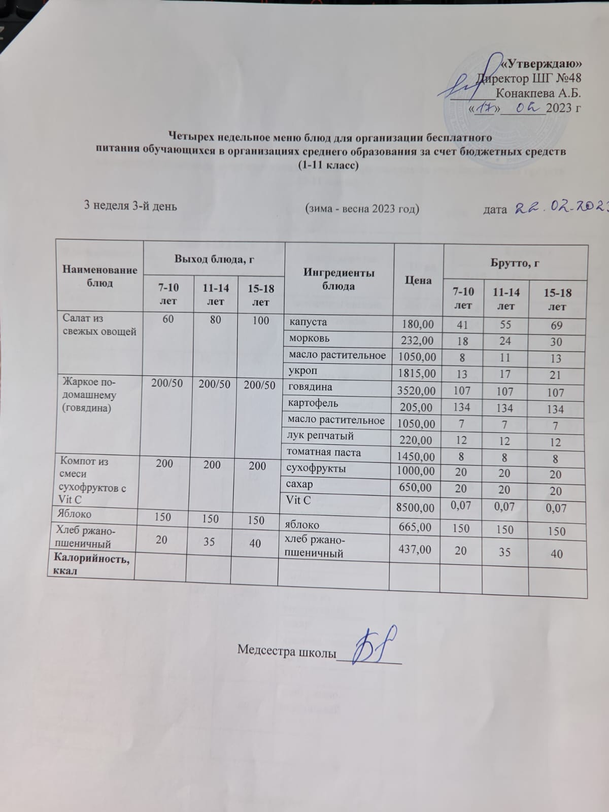 Меню на среду (3 неделя 2022-2023 уч.года)