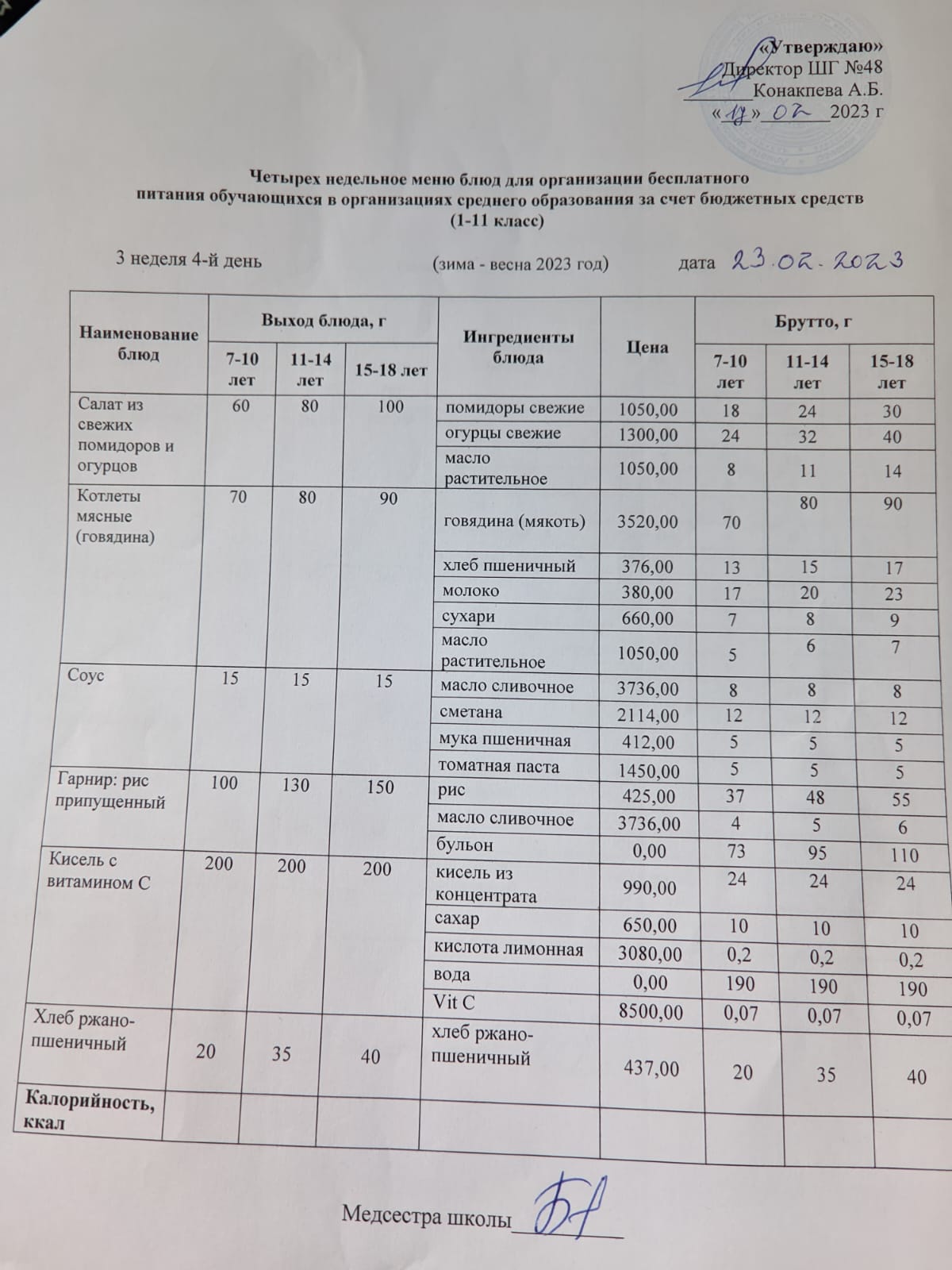 Меню на четверг (3 неделя 2022-2023 уч. года)