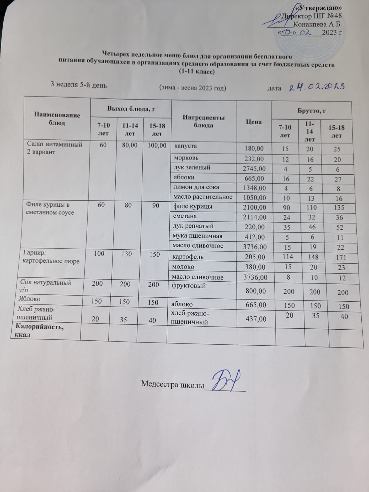 Меню на пятницу (3 неделя 2022-2023 уч. года)
