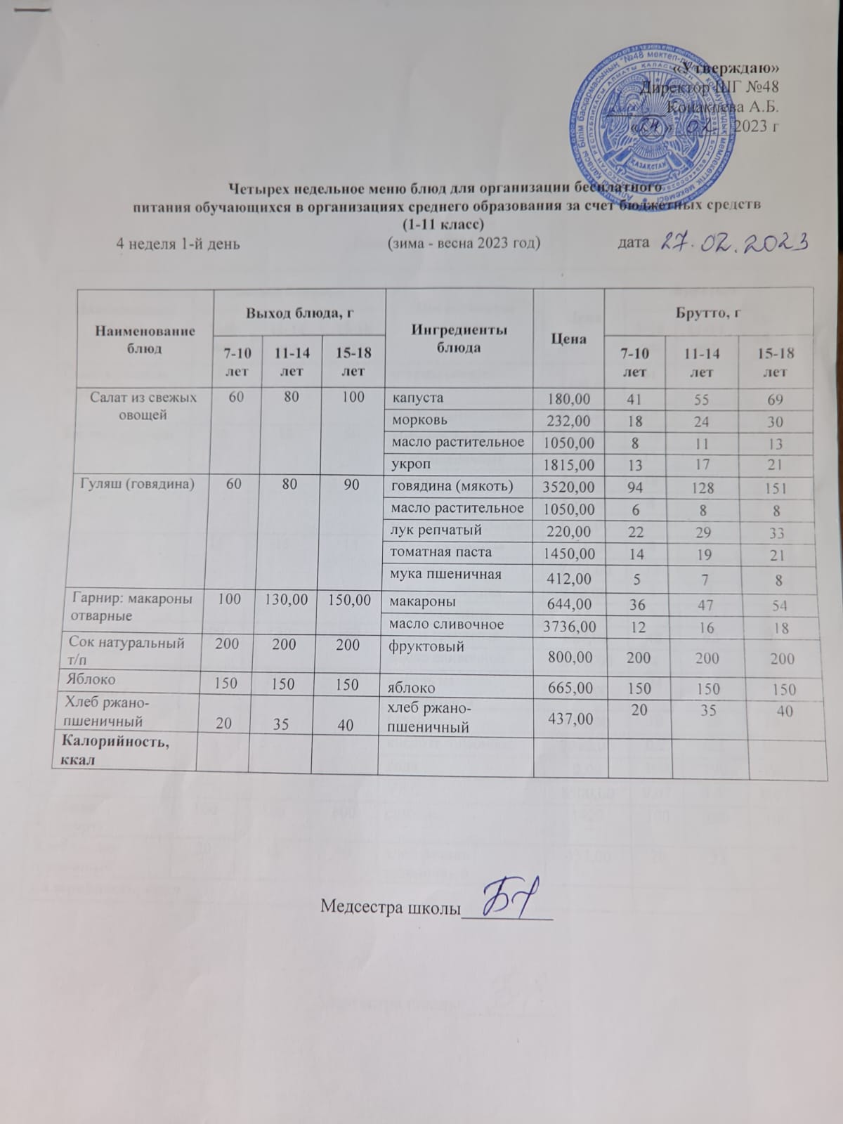 Меню на понедельник (4 неделя 2022-2023 уч.года)