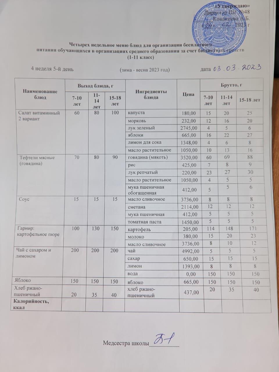 Меню на пятницу (4 неделя 2022-2023 уч. года)