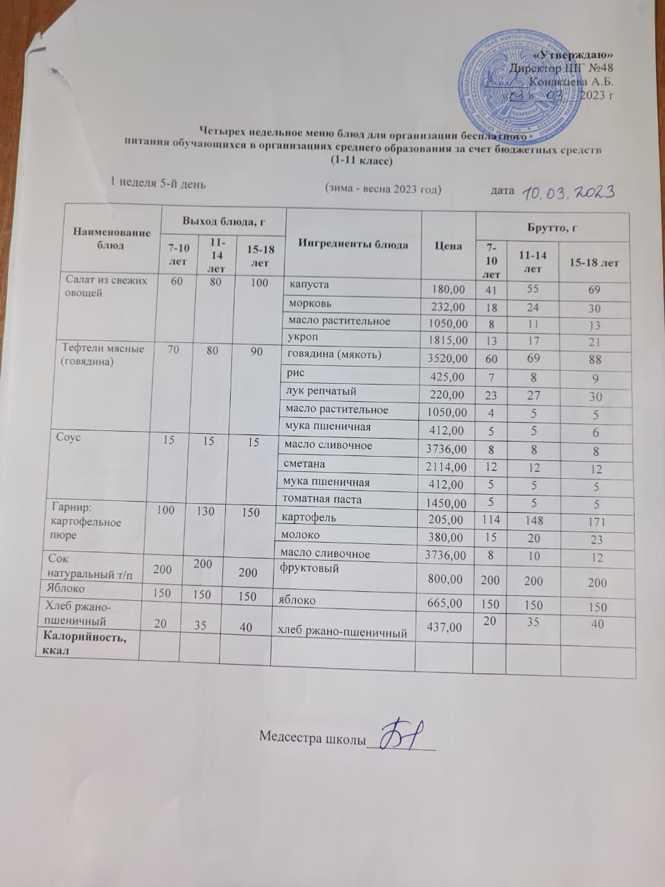 Меню на пятницу (1 неделя 2022-2023 уч. года)