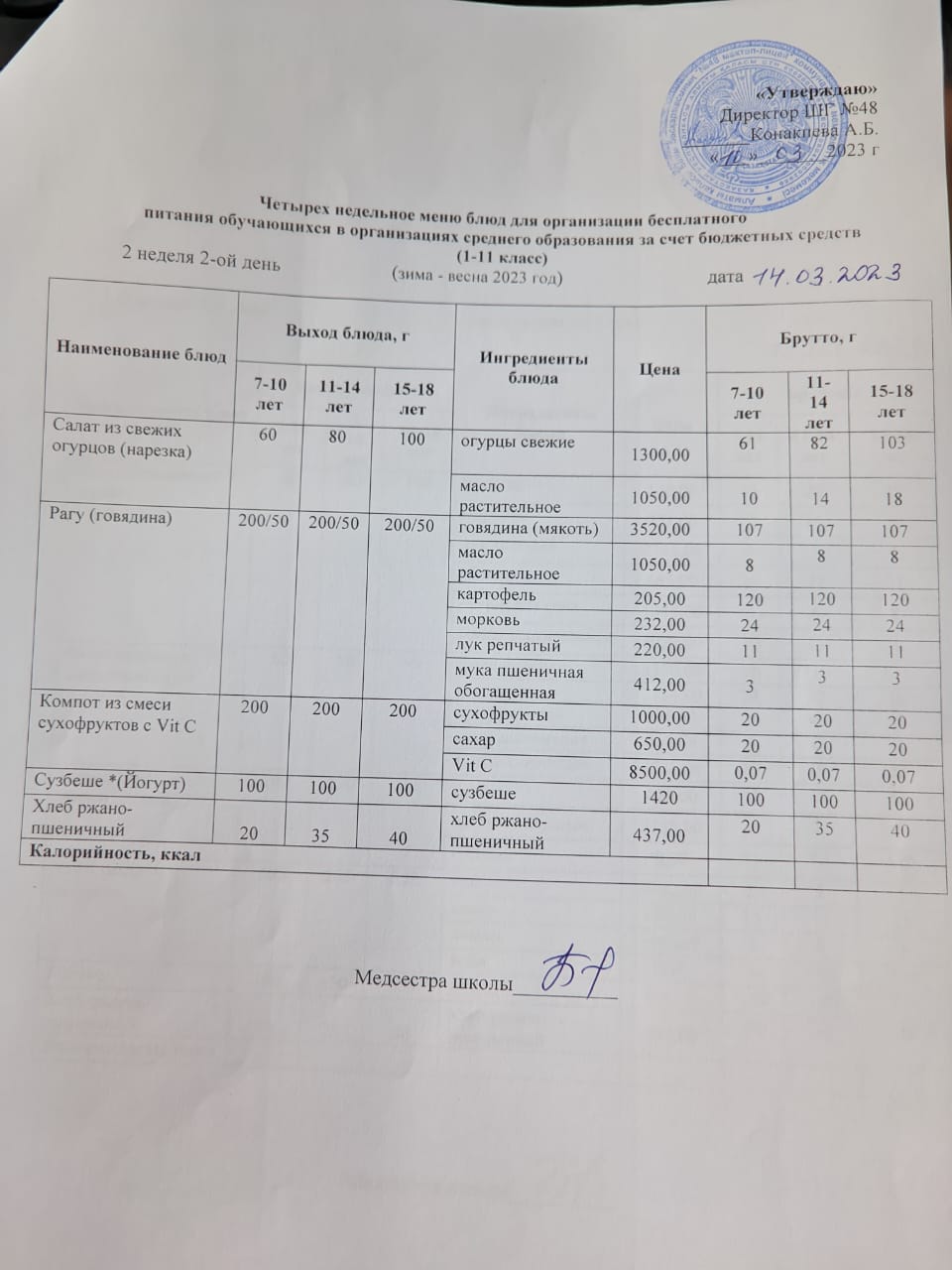 Меню на вторник (2 неделя 2022-2023 уч.года)
