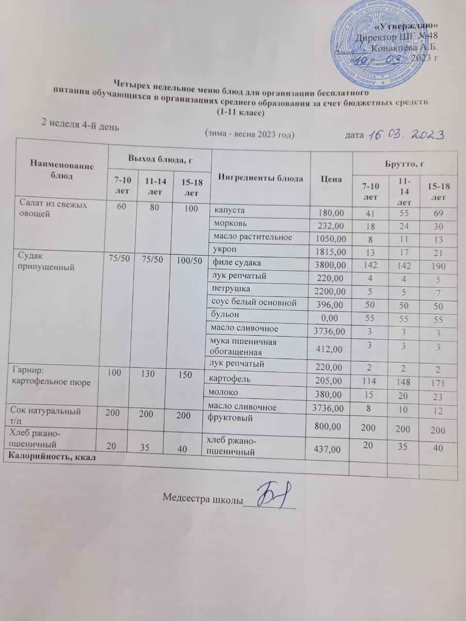 Меню на четверг (2 неделя 2022-2023 уч. года)