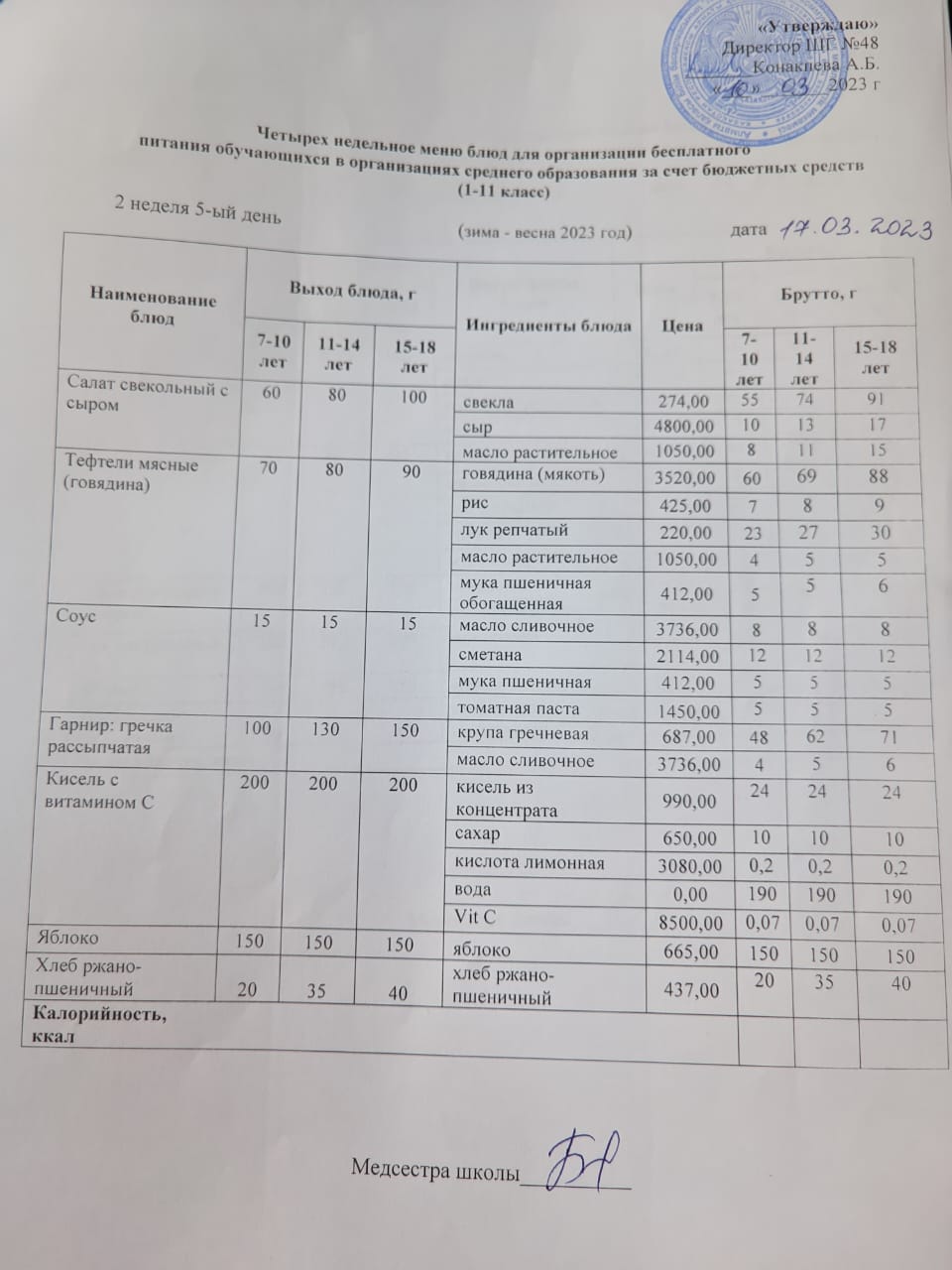 Меню на пятницу (2 неделя 2022-2023 уч. года)