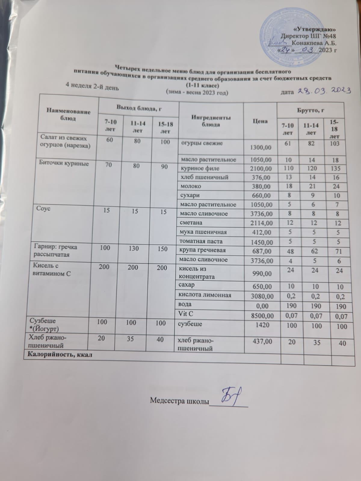 Меню на вторник (4 неделя 2022-2023 уч.года)