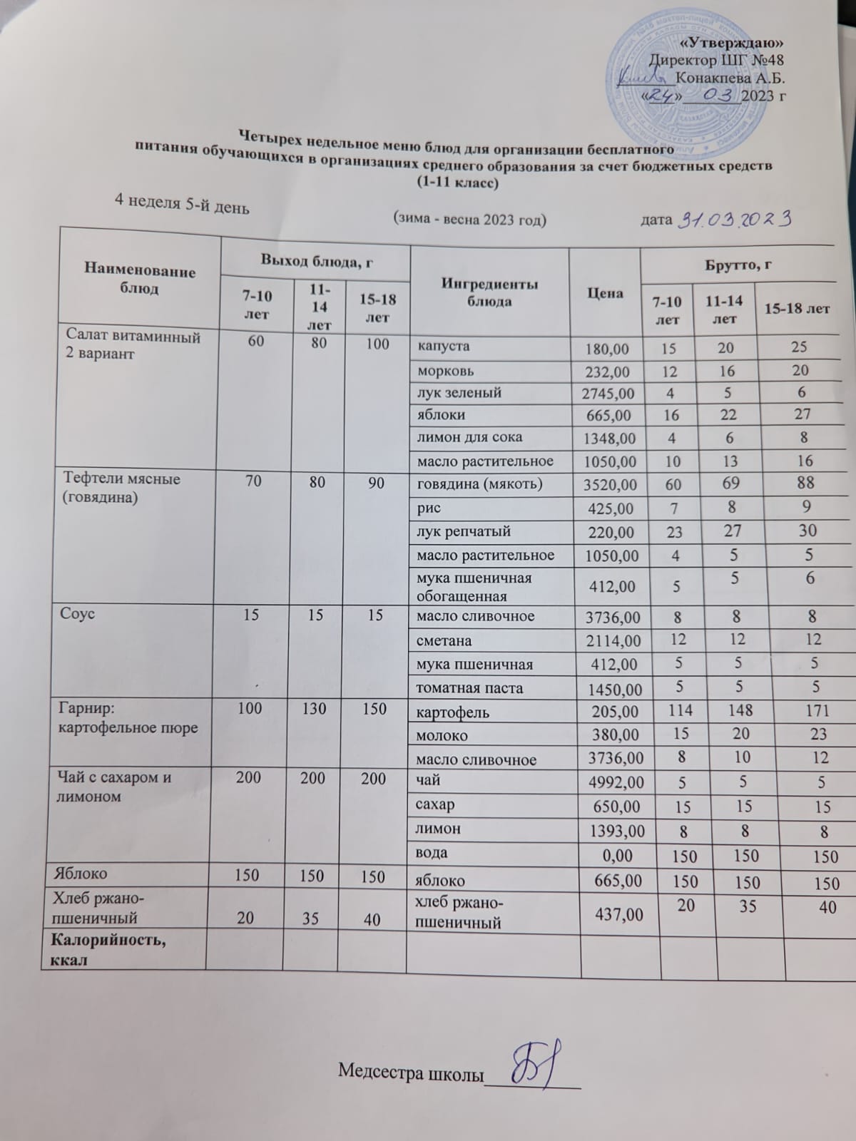Меню на пятницу (4 неделя 2022-2023 уч. года)