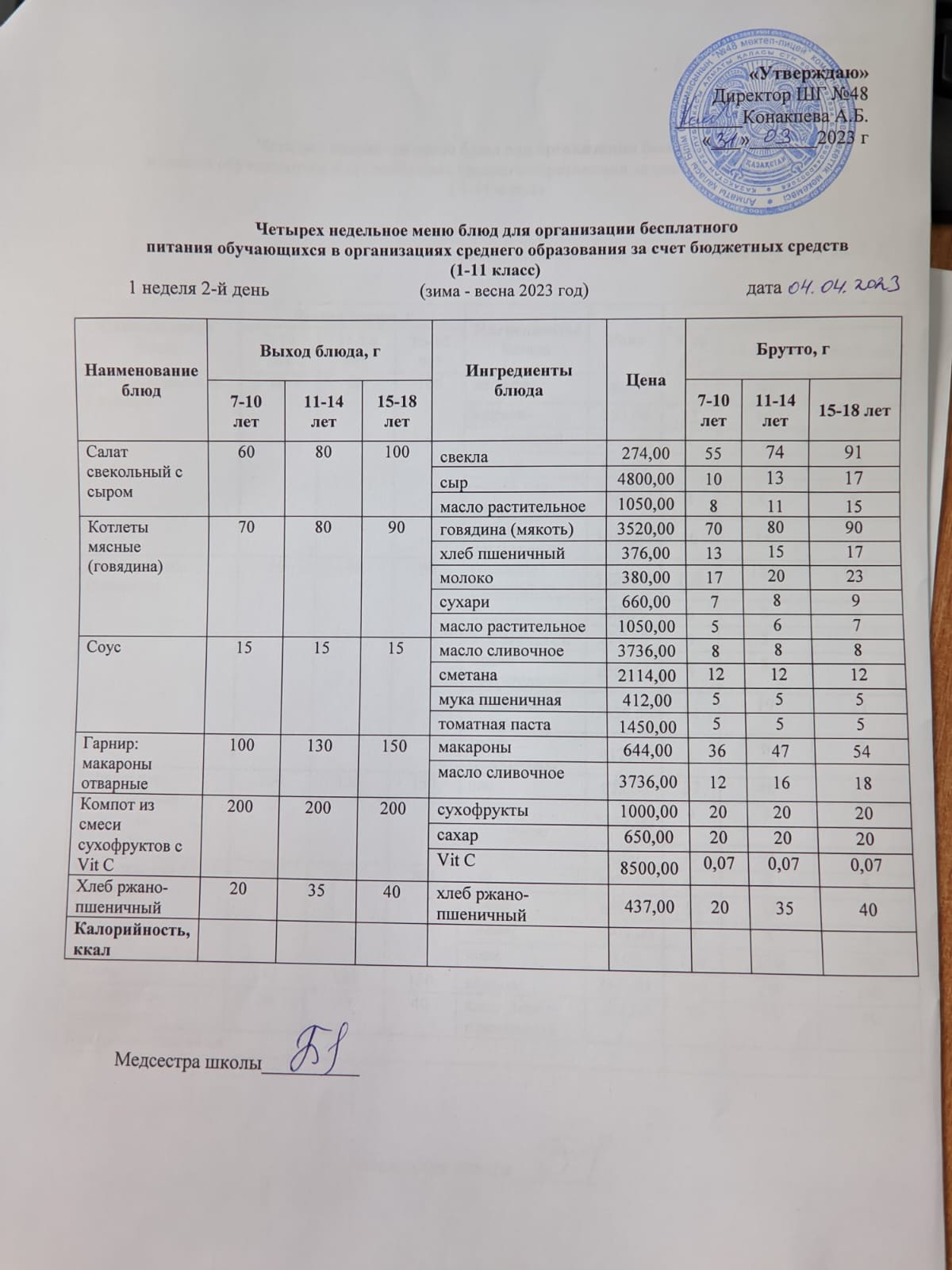 Меню на вторник (1 неделя 2022-2023 уч.года)