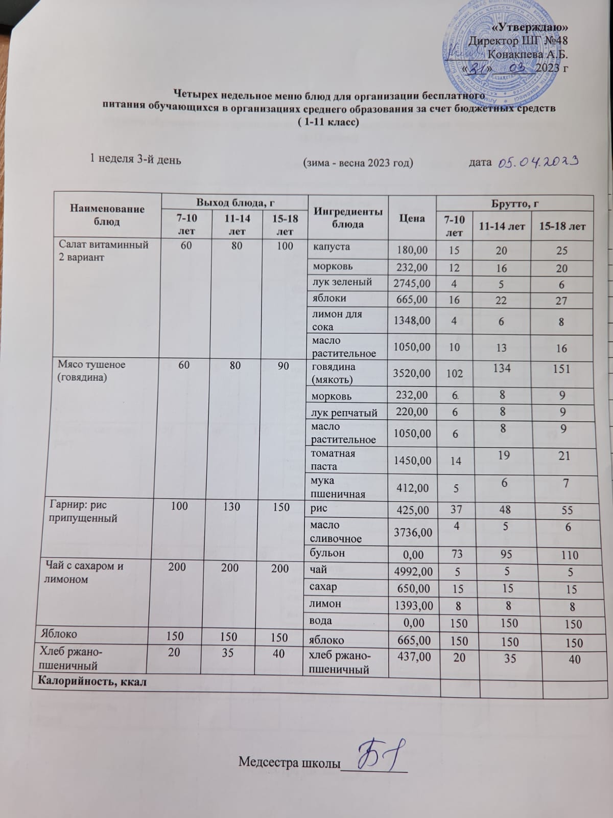 Меню на среду (1 неделя 2022-2023 уч.года)