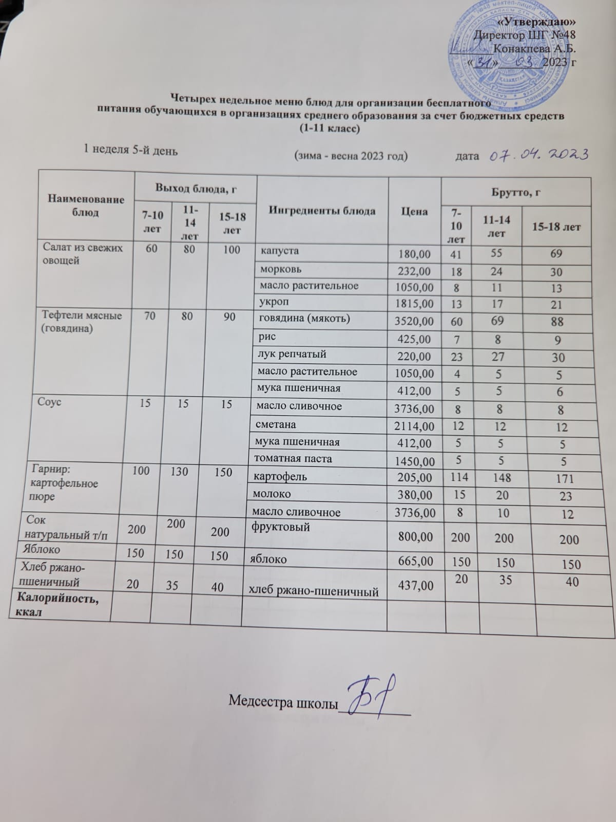 Меню на пятницу (1 неделя 2022-2023 уч. года)