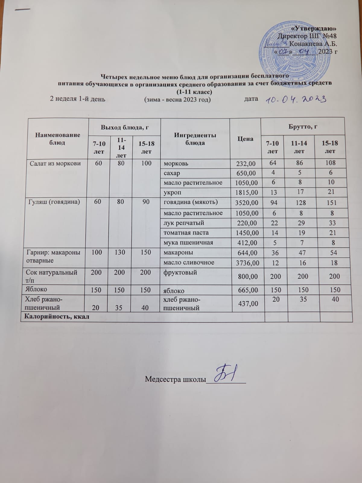 Меню на понедельник (2 неделя 2022-2023 уч.года)