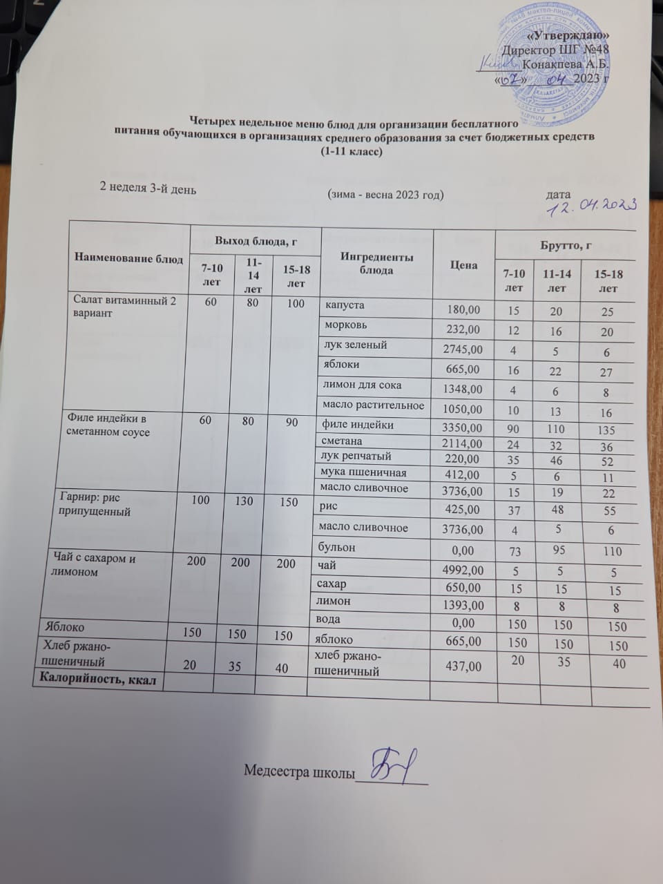 Меню на среду (2 неделя 2022-2023 уч.года)