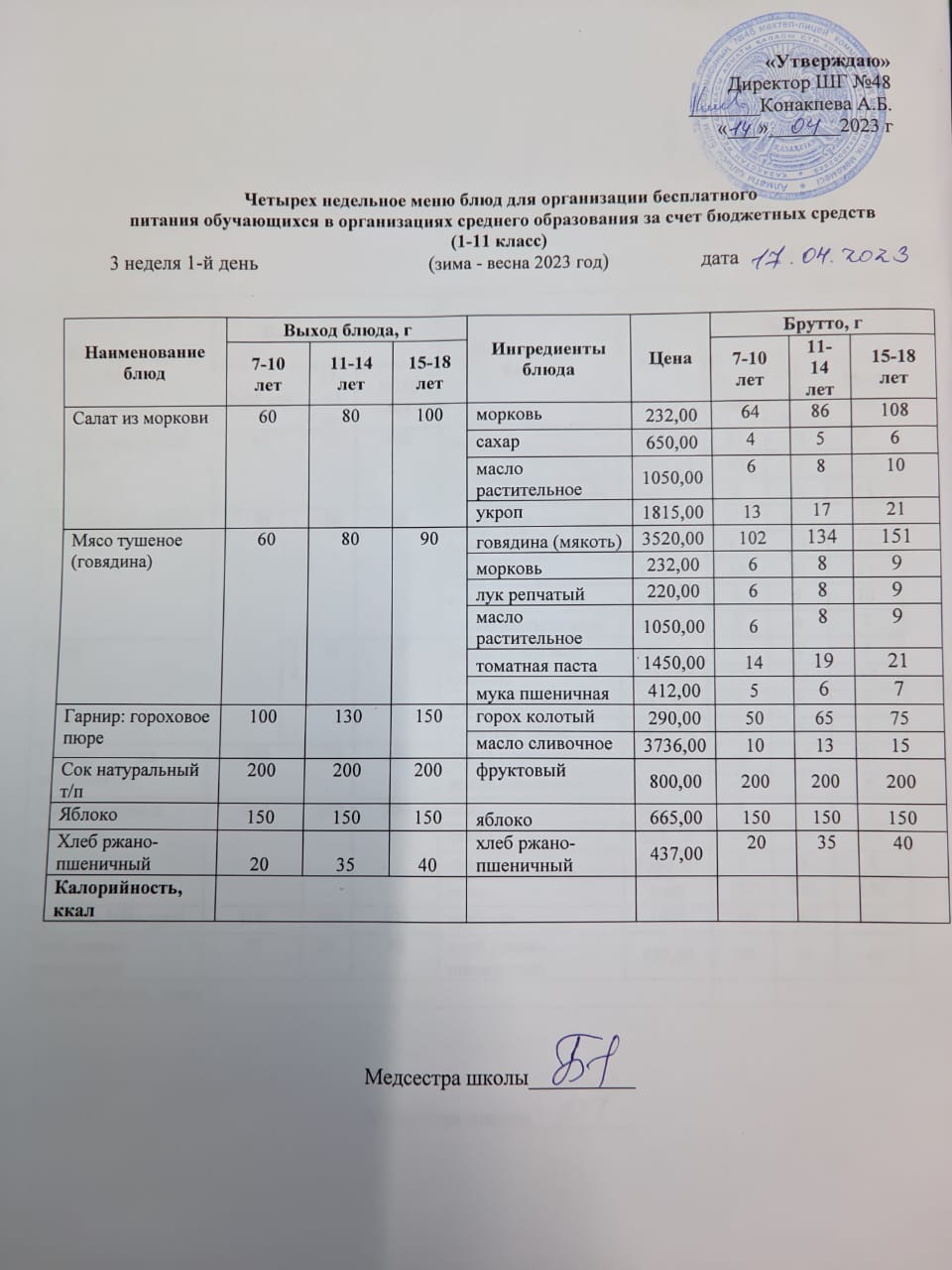 Меню на понедельник (3 неделя 2022-2023 уч.года)