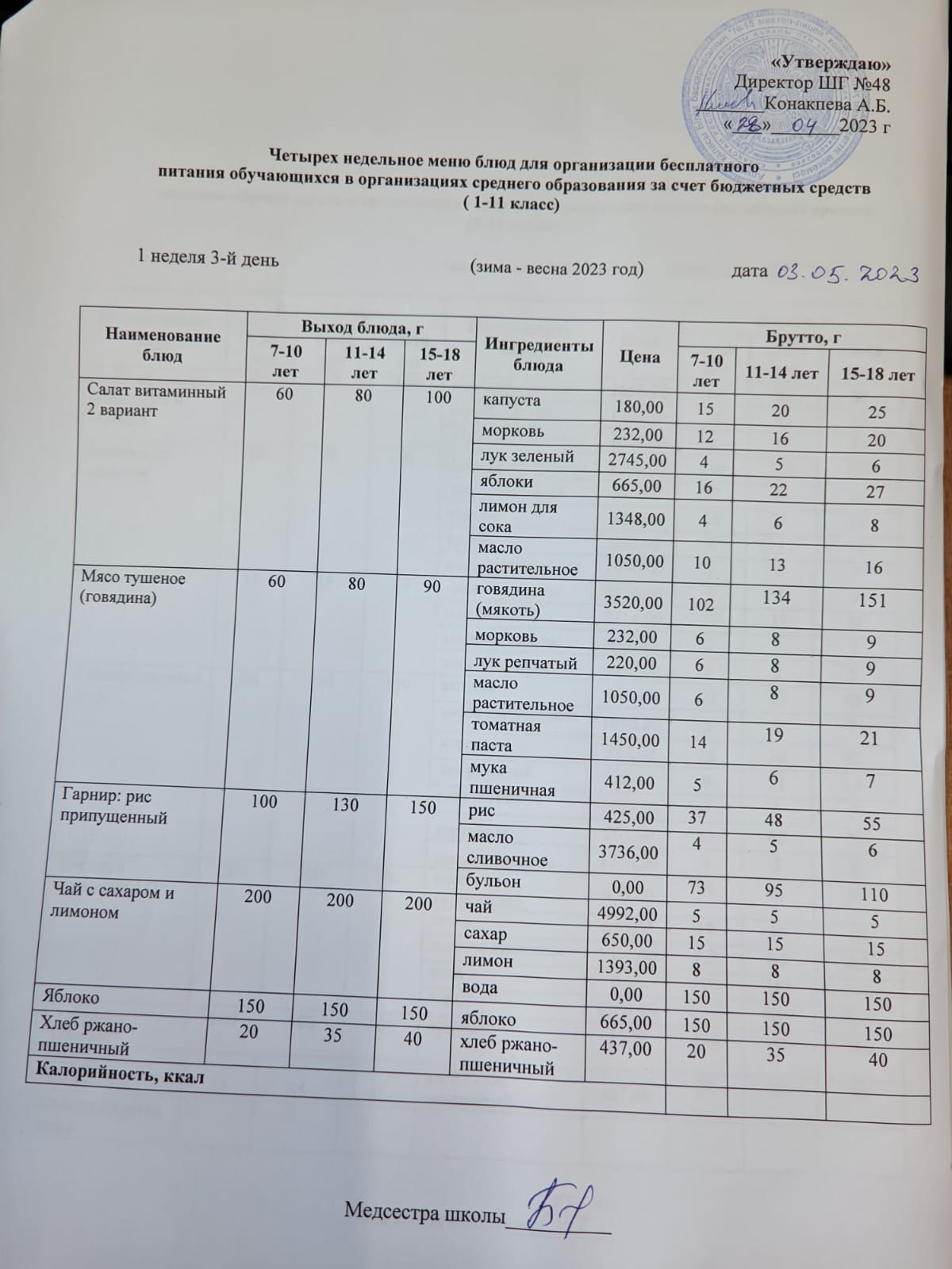 Меню на среду (1 неделя 2022-2023 уч.года)
