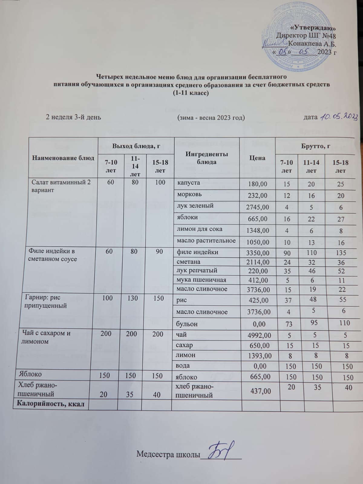 Меню на среду (2 неделя 2022-2023 уч.года)