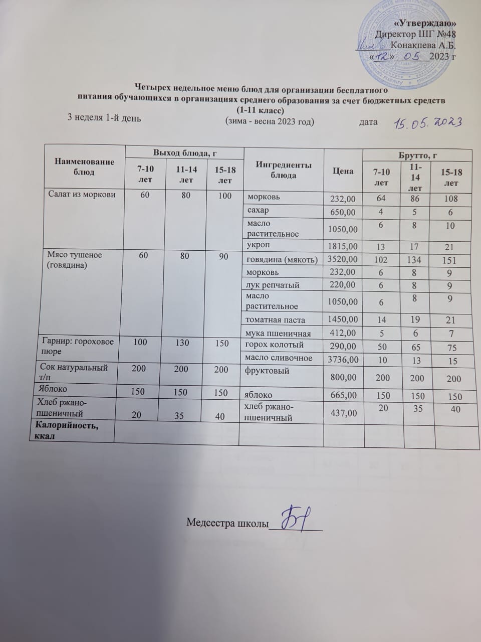 Меню на понедельник (3 неделя 2022-2023 уч.года)