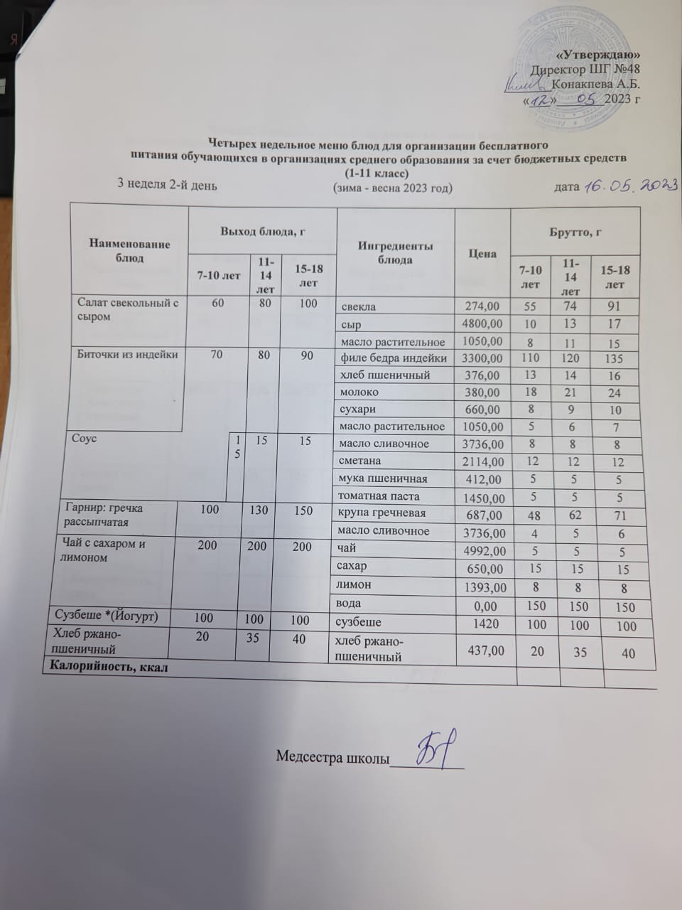 Меню на вторник (3 неделя 2022-2023 уч.года)
