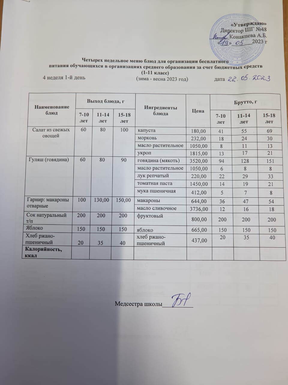 Меню на понедельник (4 неделя 2022-2023 уч.года)