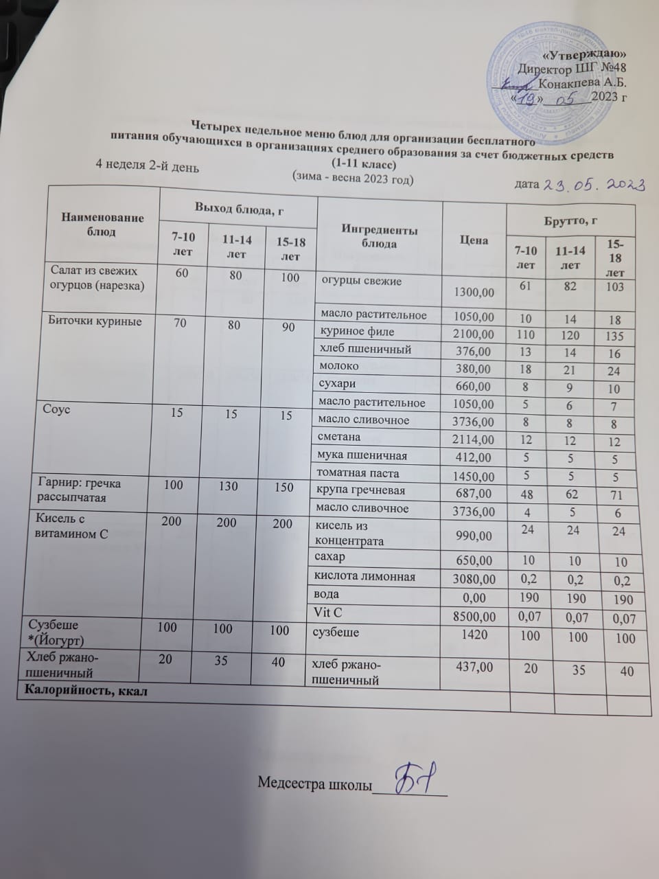 Меню на вторник (4 неделя 2022-2023 уч.года)