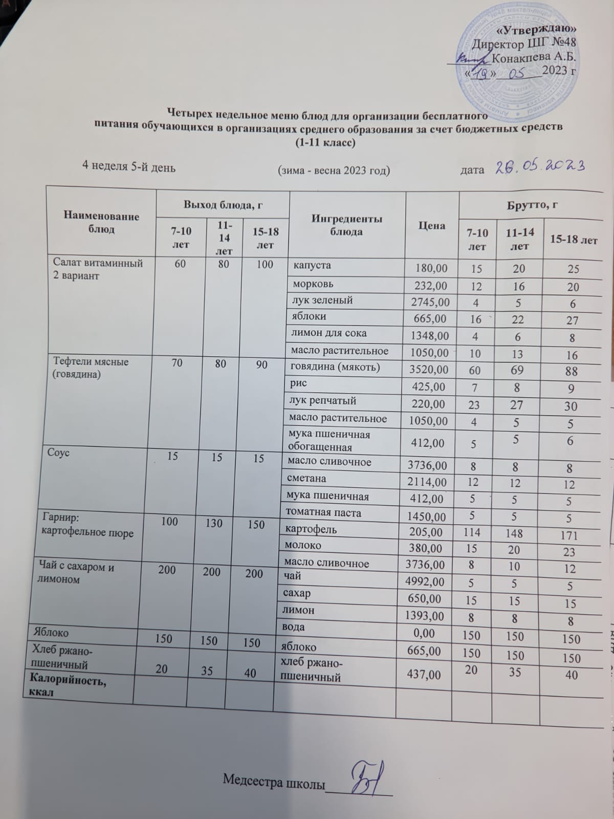 Меню на пятницу (4 неделя 2022-2023 уч. года)