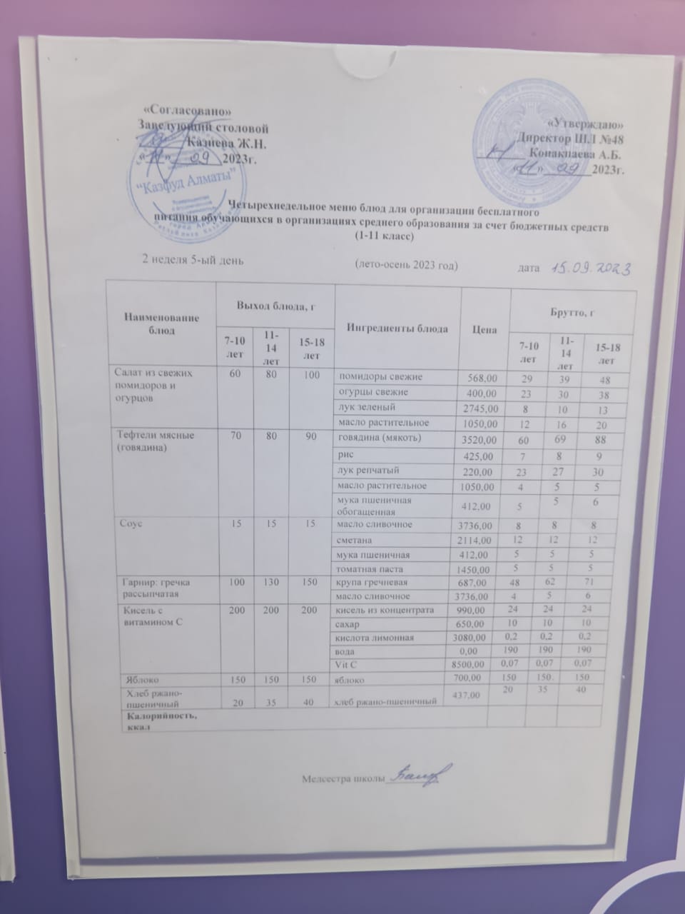 Меню на пятницу (2 неделя 2023-2024 уч. года)