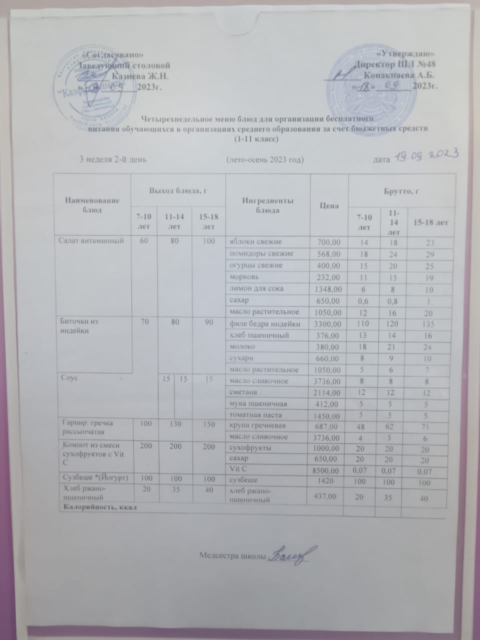 Меню на вторник (3 неделя 2023-2024 уч.года)