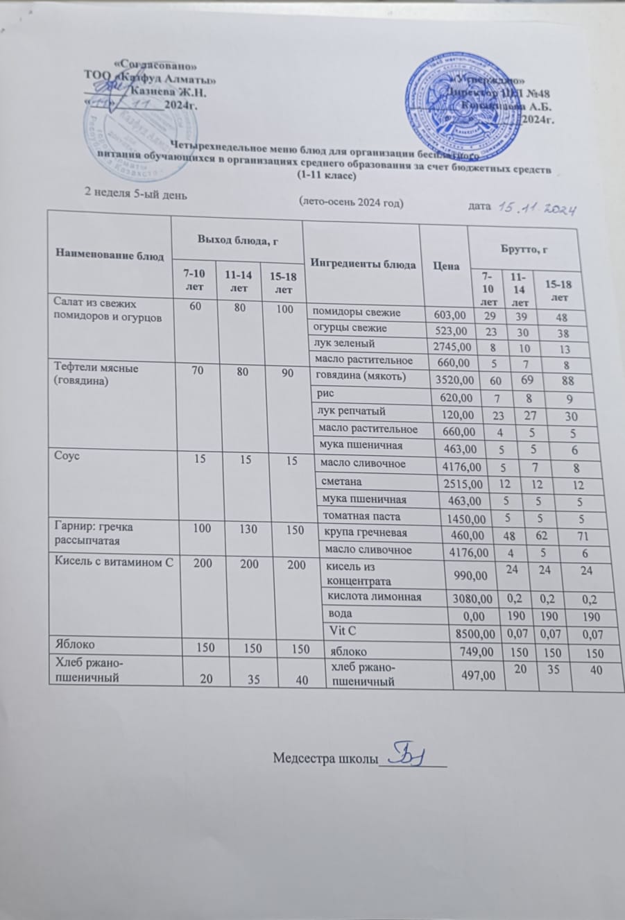 Меню на пятницу (2 неделя 2024-2025 уч. года)