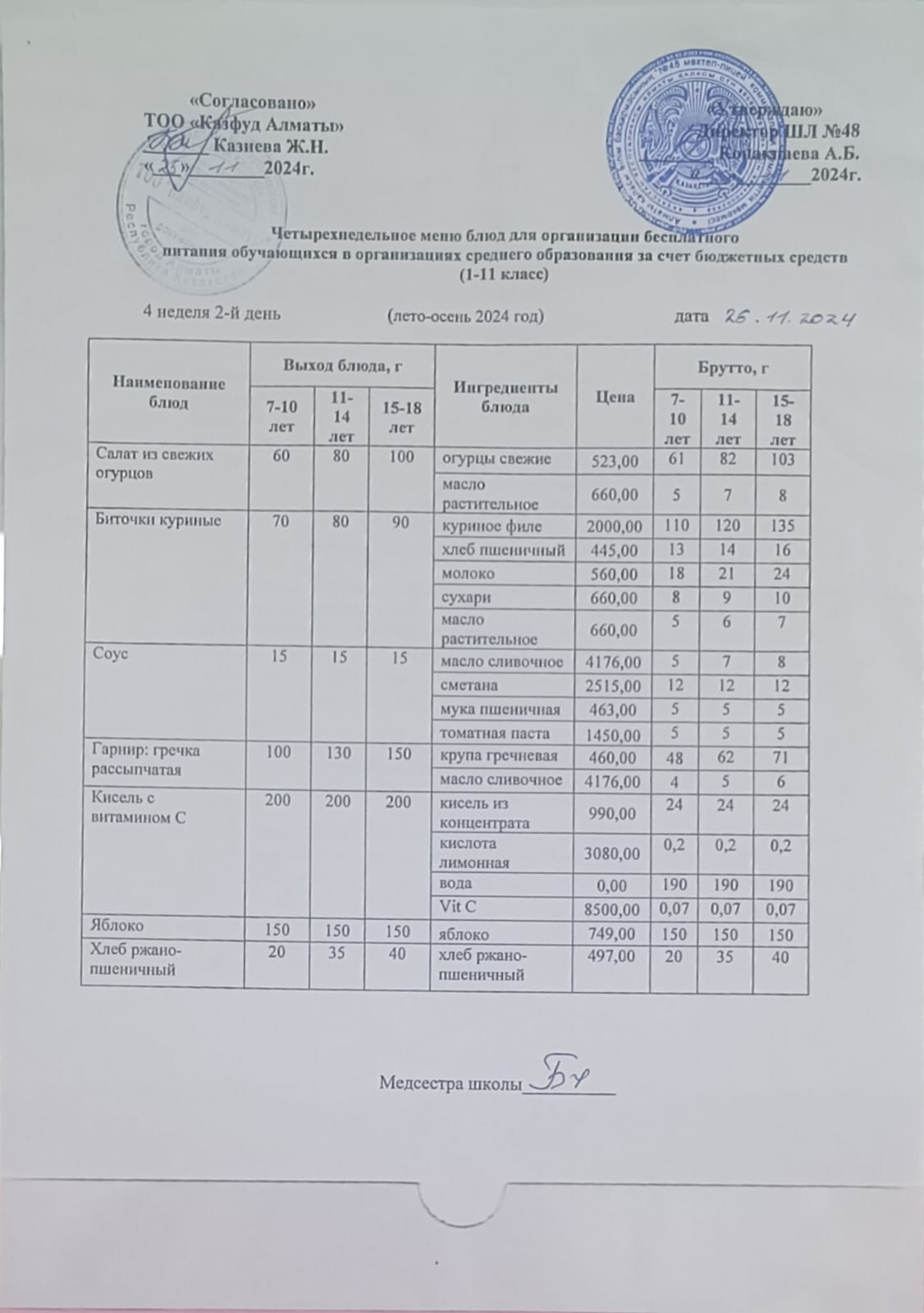 Меню на вторник (4 неделя 2024-2025 уч. года)
