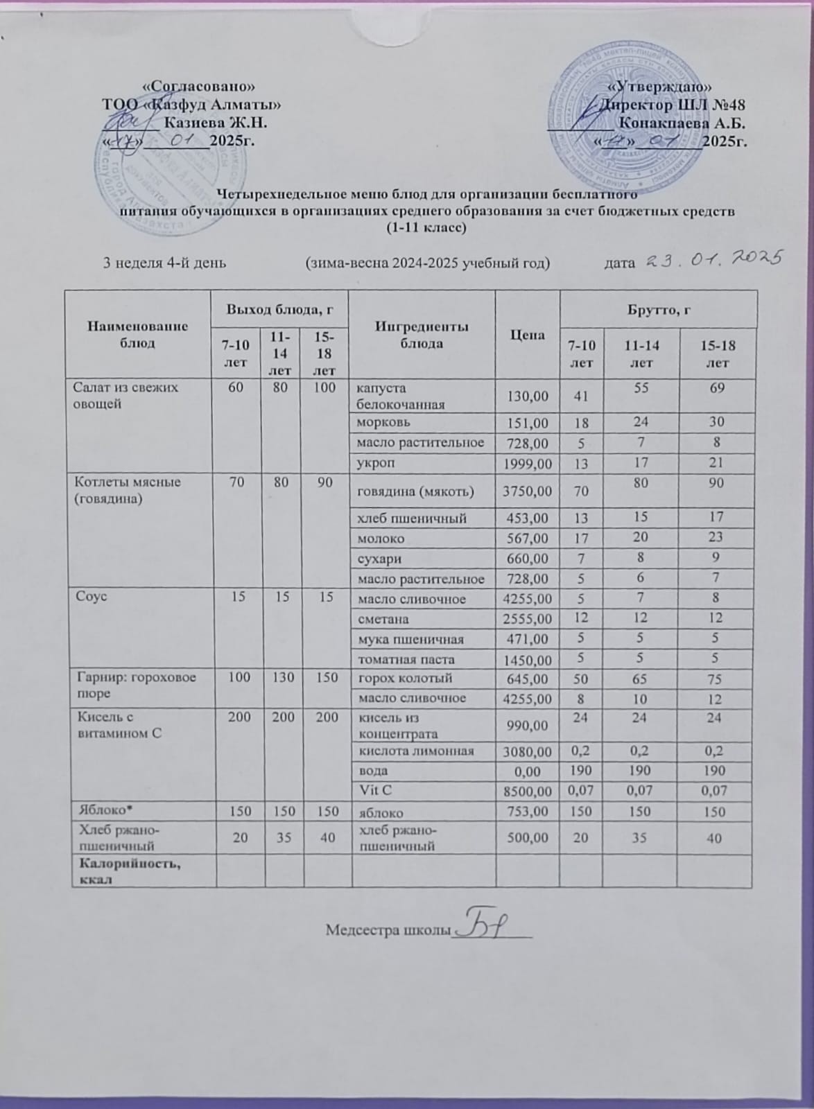 Меню на четверг (3 неделя 2024-2025 уч. года)
