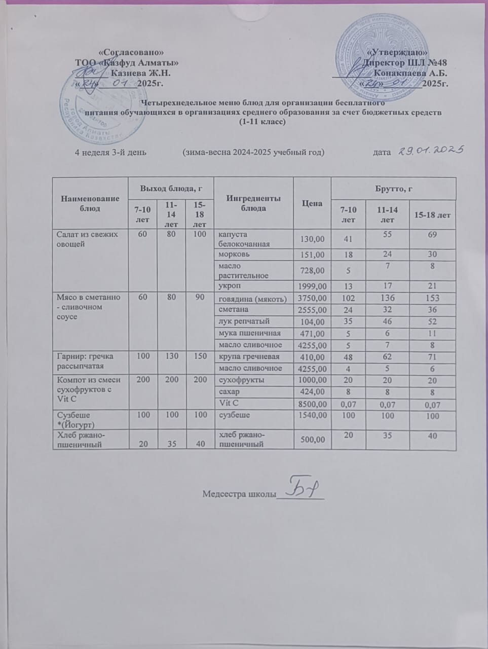 Меню на среду (4 неделя 2024-2025 уч. года)