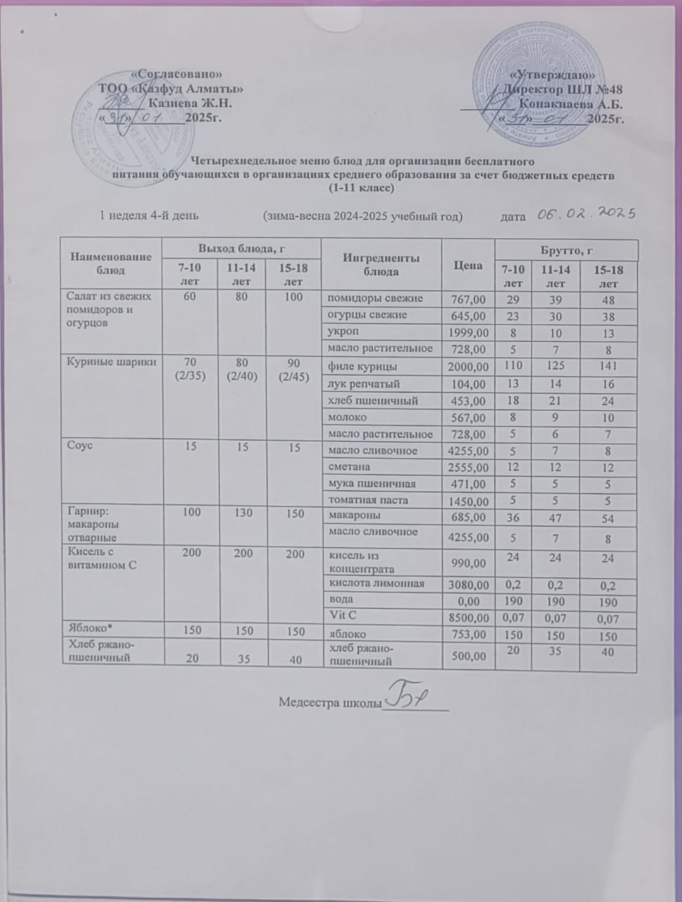 Меню на пятницу (1 неделя 2024-2025 уч. года)