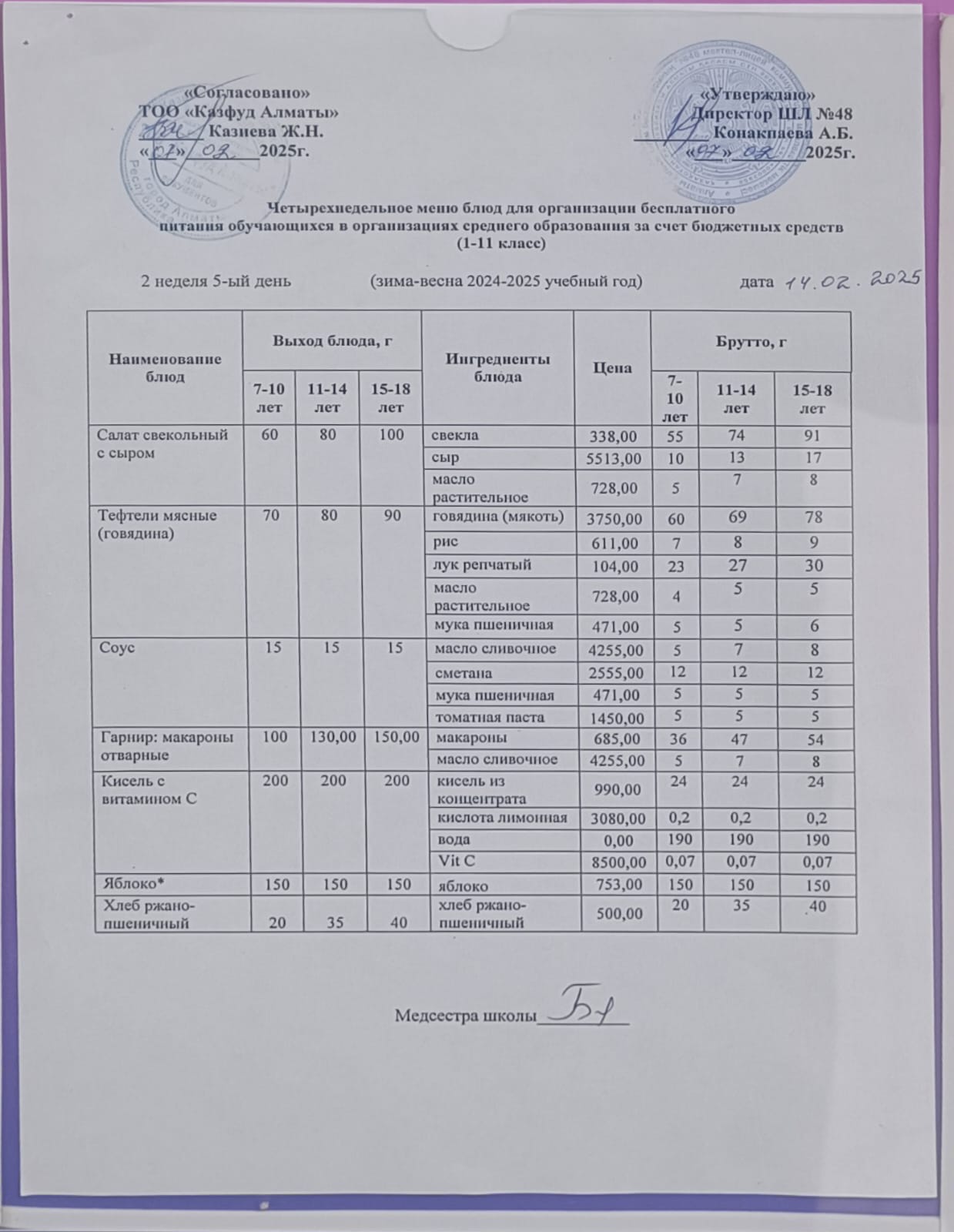 Меню на пятницу (2 неделя 2024-2025 уч. года)