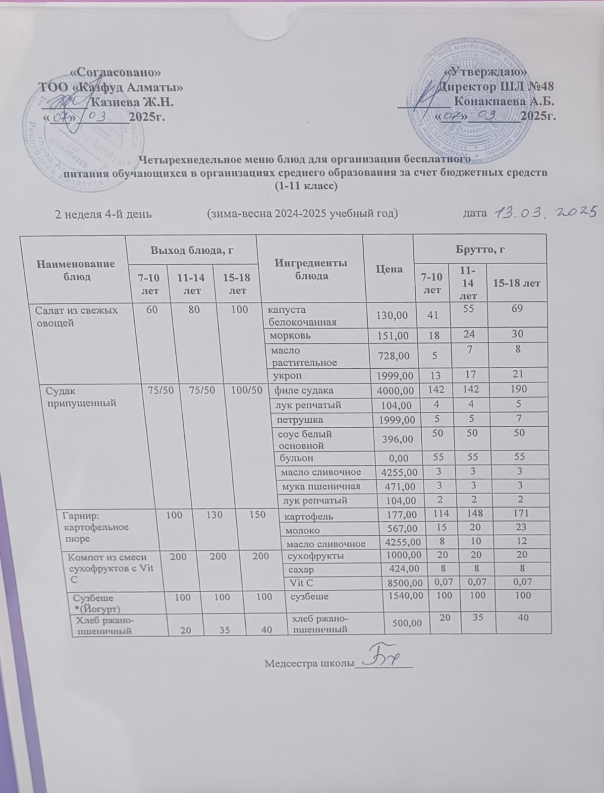 Меню на четверг (2 неделя 2024-2025 уч. года)