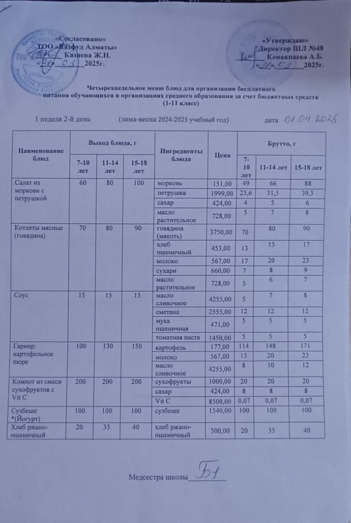 Меню на вторник (1 неделя 2024-2025 уч. года)