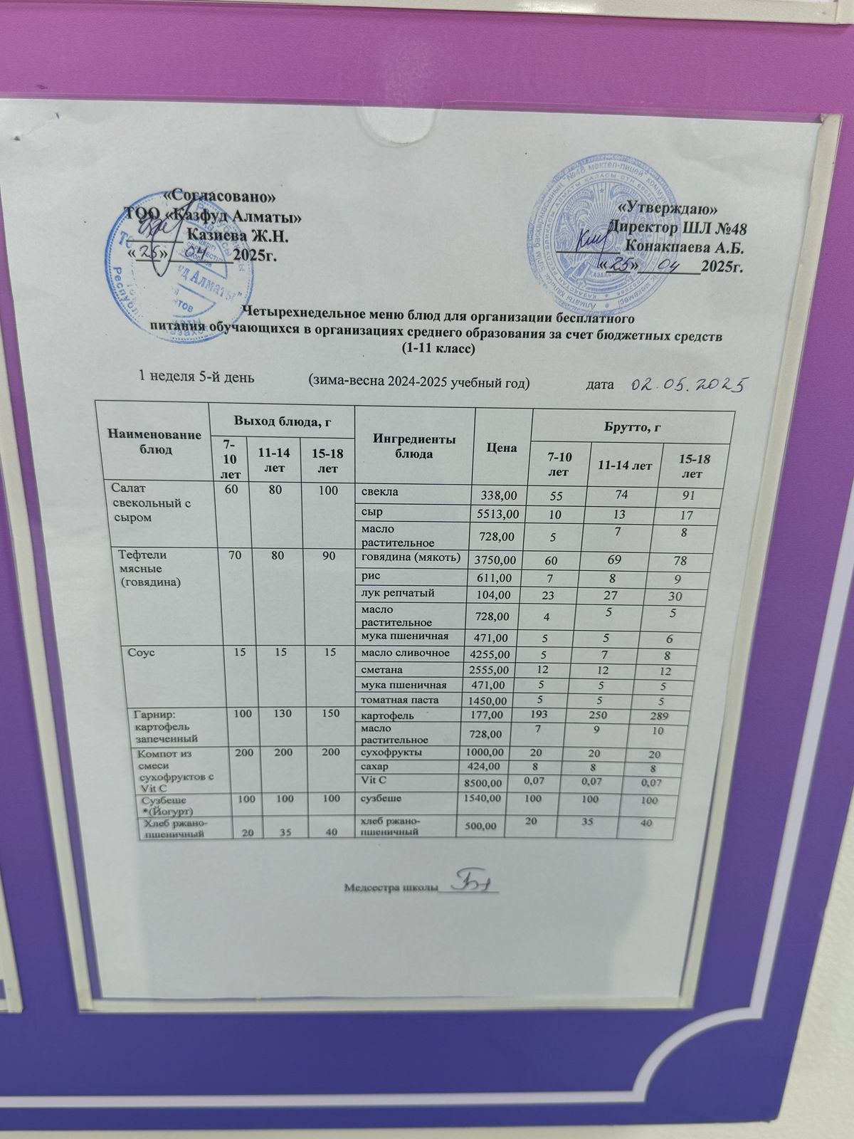 Меню на пятницу (1 неделя 2024-2025 уч. года)